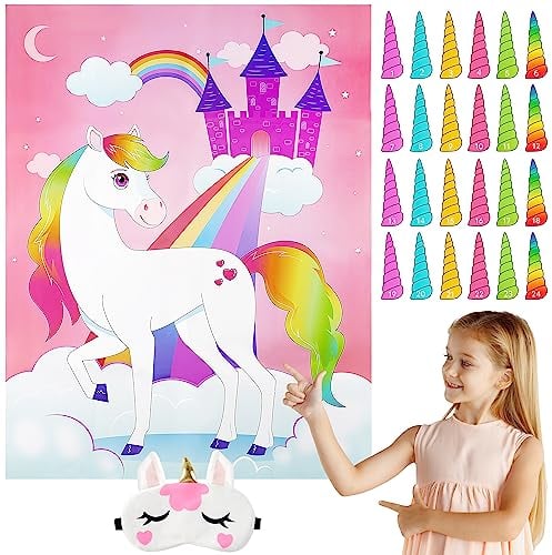 JOYIN Pin The Unicorn Horn Spiel -53cm x 71cm Einhorn Themed Partyspiele mit 24 PCs Horn Aufkleber Party Supplies Kinder Geburtstag Party Dekoration