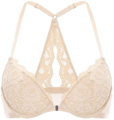 DOBREVA Donna Reggiseno Push Up Apertura Frontale Pizzo con Ferretto con Imbottito Scollatura Profonda Beige 4A