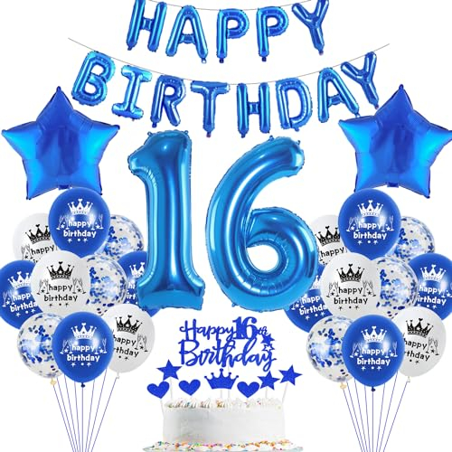 Blau Luftballon 16. Geburtstag Junge deko Folienballon 16 Tortendeko 16 Geburtstags Junge dekoration happy Birthday Girlande Banner Blau Geburtstagsdeko 16 jahre Ballon deko 16. Geburtstag