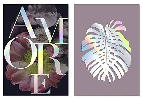 Homelov Premium Poster Set | 2 x DIN A3 – 30x40 cm | 100% Holzfreies Papier & Hochwertiger Kunstdruck | Kostenlose Wallpaper & Aufkleber | » Amore Monstera Real Holo Set «
