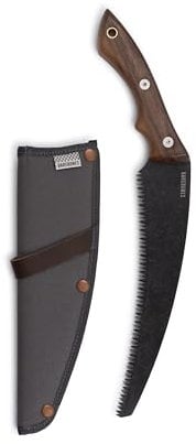 Barebones Timber Saw - Hand Saw with Ergonomic Walnut Handle for Camping, Pruning, and Wood Cutting - Curved Blade and Root Cutter with Sheath