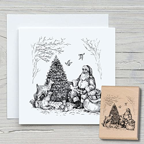 NEWSTAMPS Stempel Weihnachtsmann im Wald Motivstempel aus Holz & Gummi zum Karten und Geschenke basteln, Holzstempel für Weihnachten, Weihnachtskarte, Advent, Scrapbook, Textilstempel, Deko, Freunde