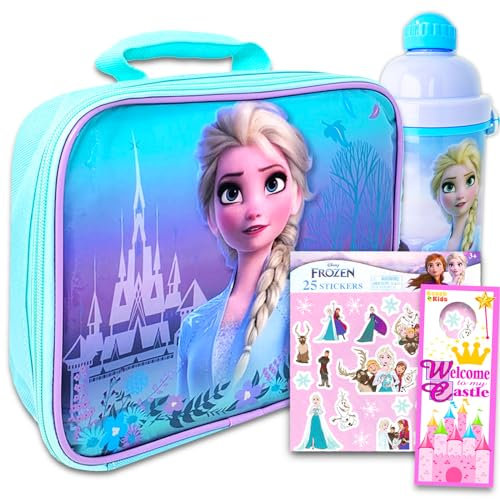 Disney Frozen Lunch Box and Water Bottle Set for Kids - Bundle with Elsa and Anna School Supplies Set Plus Stickers and More (Disney Lunch Bag for Girls)