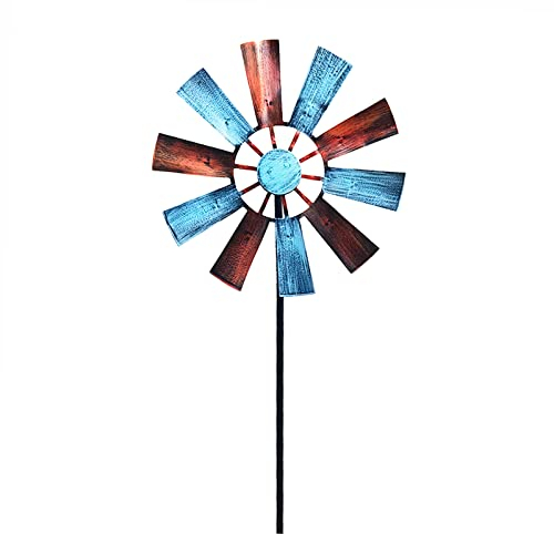 HUIKJI Windrad aus Metall, Regenbogenfarben, 72,9 cm, für Garten, Dekoration, Windspiel mit bunten Klingen, Windskulptur für den Außenbereich, Rasendekoration