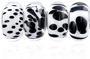 Conjunto Mixto De 4 Paquete De .925 De Plata De Ley De Núcleo Translúcido Tonos De Blanco Negro Manchas De Animales De Cristal De Murano Charm Bead Espaciador Se Adapta A La Pulsera Europea