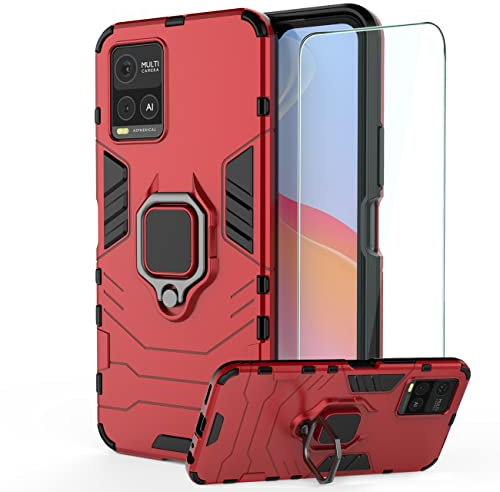 DERHAN für vivo Y21 / Y21S / Y33S Hülle mit Ring Halter + Schutzfilm, Handyhülle mit Ständer, Panzerhülle Handy Hüllen Handytasche Staubschutzhülle Stoßfest Schutzhülle - Rote