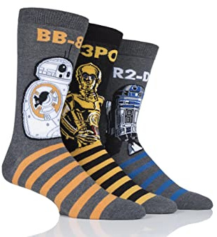 SockShop Men's Star Wars R2-D2, C-3PO and BB-8 Droids Cotton Socks, Star Wars Characters Novelty Socks for Sci-Fi Movie Fans, Assorted Designs in Pack of 3