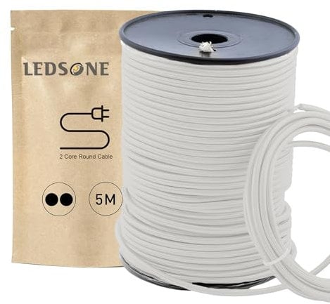LEDSone Vintage 16.4ft 2 Core 5m Round White Cable Fabric Cloth Covered Electrical Wire Lamp cable Modern Cloth Covered Wire for Pendant Light