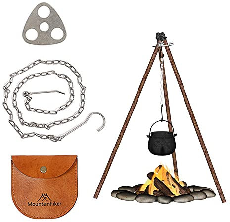Lixada Stativ Grillzubehör, Camping Dreibein Ring, Tragbares Edelstahl Camping Kochgeschirr Zubehör mit verstellbarer Kette zum Aufhängen für Schwenkgrill, Grillrost, Hängeschale, Feuertopf, Teekessel