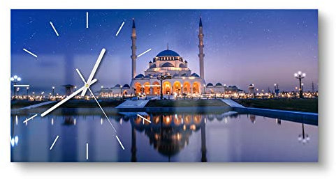 DEQORI Glasuhr | vertikal 60x30 cm | Motiv Sharjah Moschee bei Nacht | große XXL Design Uhr aus Glas | leise Wanduhr für Wohnzimmer & Küche | Moderne Hingucker Uhr für die Wand