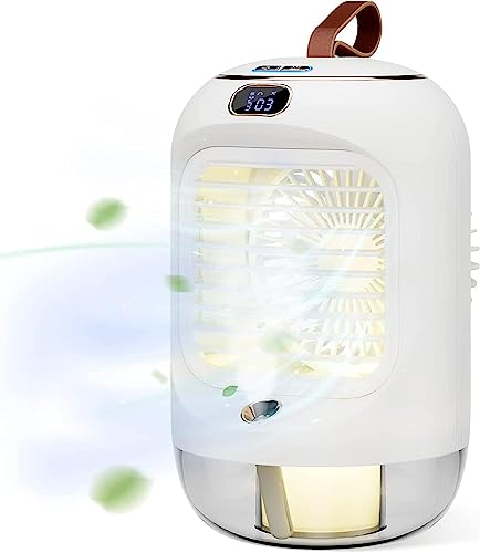 SHYOSUCCE Aire Acondicionado Portátil 4 en 1, Mini Enfriador de Aire con 3 Velocidades, Luz Nocturna, Oscilante a 180°, Humidificador Recargable para Dormitorio, Oficina, Camping