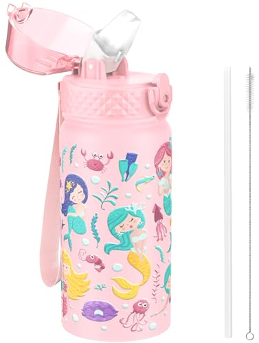 GOPPUS 420ml/14oz Kids Insulated Water Bottle with Straw Cute Double Wall Stainless Steel Child's Small Flask Vacuum Insulated Steel Metal Leak Proof Drink Flask Boys Toddler Girls Bottles BPA-Free