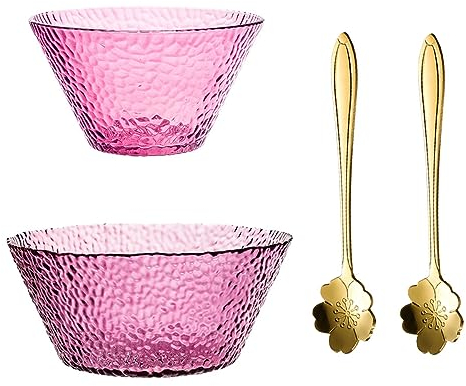 Soulnioi Cuenco redondo de cristal para ensalada, cuenco de frutas, aperitivos, postres, cuenco decorativo con cuchara de café Sakura para el hogar, boda, fiesta, caramelos, aperitivos, frutas,