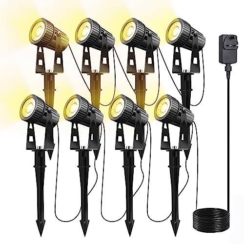 Arotelicht 8pcs Garden Spike Lights, LED Spotlight IP65 Waterproof, COB Landscape Spotlight Mains Powered, Pathway Lights with Ground Spike, Warm White 2100LM 26m Cable for Outdoor Garden, Yard
