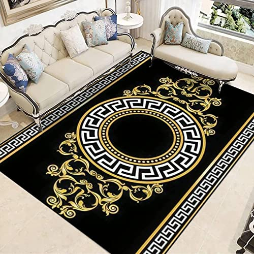 TEMLAN Geometrisches Griechisches Muster Aus Schwarzem Gold Teppiche Gegend, Barockmuster Vintage Kleiner Teppich für Wohnzimmer, Schlafzimmer, Kinderzimmer, Büro, etc 100 x 150cm