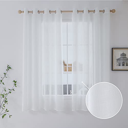 CUCRAF Leinenoptik Weiß Voile Vorhänge mit Ösen Halbtransparent Gardine für Schlafzimmer Wohnzimmer H145 x B140cm 2er Set,Weiß