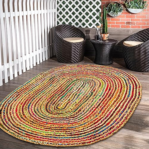 RIANGI Handgewebter Chindi-Teppich aus Jute, 150 x 200 cm, farbenfroher Boho-Teppich für Wohnzimmer, handgeflochtener, mehrfarbiger Bohemian-Teppich für Bauernhaus, Schlafzimmer, Esszimmer,