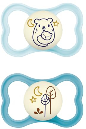 MAM Rubber Air Night Soothers | 18-36 Months | Glow in The Dark Dummies | Comes in Dummy Steriliser Case | Baby Accessories | Blue (Various Designs)
