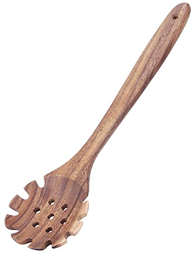BEIJIALY Cuillère à Spaghetti en Bois Cuillère à Pâtes en Bois, Cuillère à Spaghetti Cuillère de Cuisson en Teck Passoire à Nouilles en Bois de Qualité Alimentaire pour la Cuisine