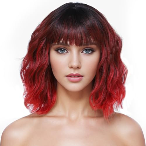 PARXITN Kurze Bob Perücke mit Pony Natürliches Perücke Schwarzrot Synthetisches Haar Bunt Täglich Party Halloween Cosplay Gewellte Lockige Perücken für Frauen
