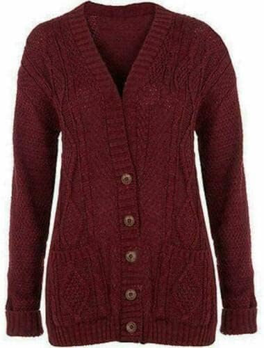 OutfitsbySMILE Women's Ladies Long Sleeve Button Top Chunky Aran Cable Knitted Grandad Cardigan Wine UK Size 12/14