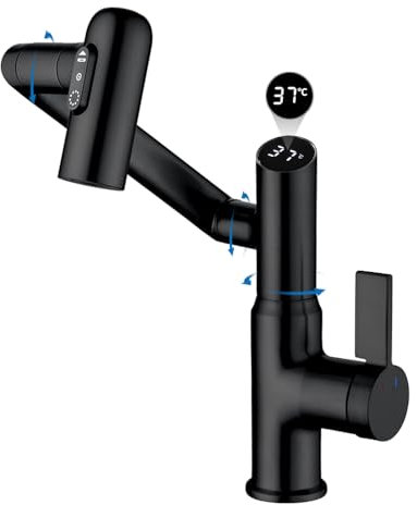 Temperature Bathroom taps,2 Sprays,No Electrical Temperature Display Single Handle Bathroom taps,Bathroom Sink taps (Temperature Display, Matte Black)