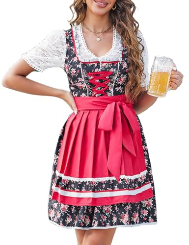 Zeagoo Robe midi élégante Dirndl pour femme, 2 pièces, style folklorique, pour fête de la bière, tailles XS à XXL, noir/rouge, XS