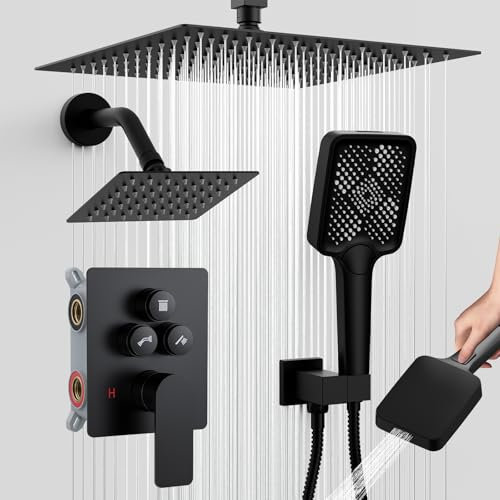 Shower Faucet Set, 12 Ceiling Mount Rainfall Shower System with 12'' Top Head+6'' Side Head and Multi-function Handheld Head Push Button Diverter Shower Faucet Trim Kit (12, Matte Black)