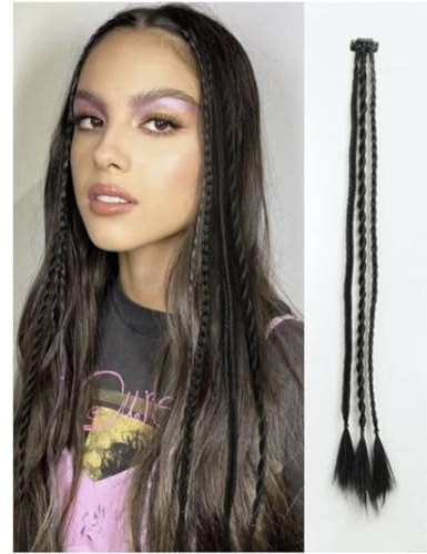 2 x Clip-In Hair Extension Highlights Streaks, Colourful Hair Highlights (3 Braids On A Clip - Black)