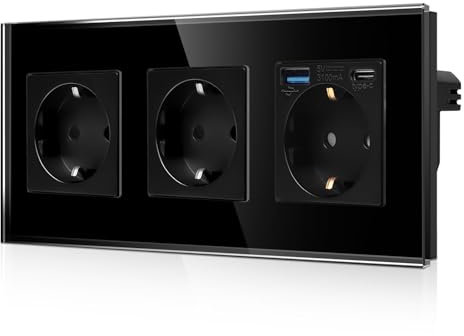 CNBINGO Dreifachsteckdose mit 2× USB-Anschluss (20W Schnellladen) - 1× (Typ-C und USB-A) - Dreifach Glas Schuko Steckdose Unterputz - Schwarz Wandsteckdose mit Kindersicherung