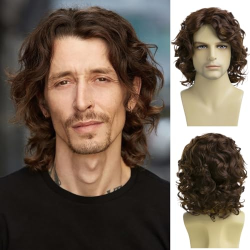 Dsimeig Herren Lockige Braune Perücke Kurze Synthetische Party Halloween Cosplay Perücken für Männer