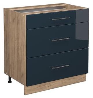 Vicco Meuble Cuisine Fame-Line, Bleu foncé Brillant/Chêne de Force doré, 80 cm avec 3 tiroirs, sans Plan de Travail