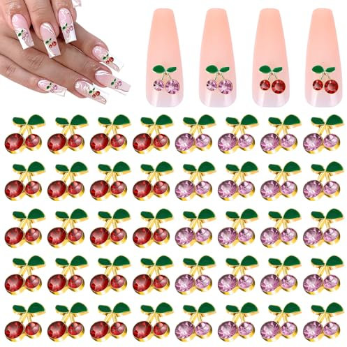 YUXIANLB 40 Stück 3D Kirsch Nagelanhänger Rosa + Rot Glänzend Süße Frucht Luxus Edelsteine Kirsch Nagel Strasssteine Nagelkunst Diamantkristall Luxus Für Frauen Und Mädchen Schmuckherstellung