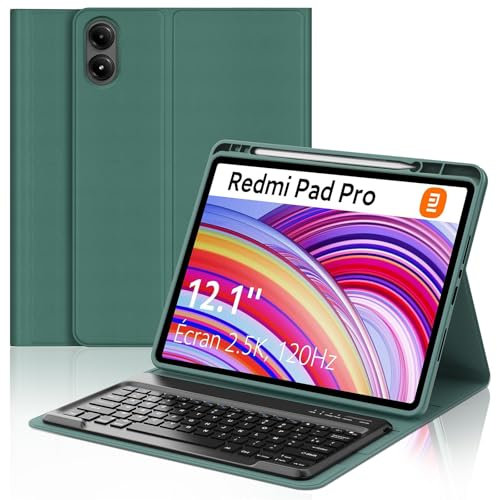 IVEOPPE Clavier Redmi Pad Pro 12.1, Coque Clavier Xiaomi Poco Pad 2024, AZERTY Français Clavier, Étui Clavier Détachable Bluetooth pour Redmi Pad Pro 12.1 Pouces 2024, Vert foncé