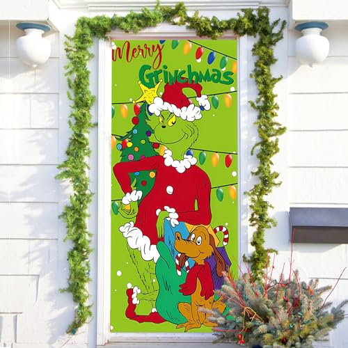 GreenYeah Decoración Navidad Puerta Cubierta, Decoración de Cubierta de Puerta de Navidad, Decoraciones de Puerta de Navidad para Interior, Exterior Navidad Decoración 90x 200CM (B)
