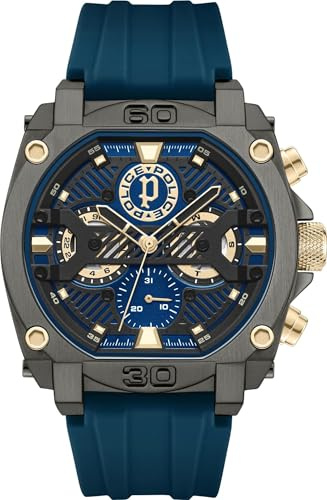 POLICE Norwood Marine & Schwarz Sonnenschliff-Zifferblatt Marine, Silikonarmband Herren-Multifunktionsuhr mit Goldakzenten, 45mm
