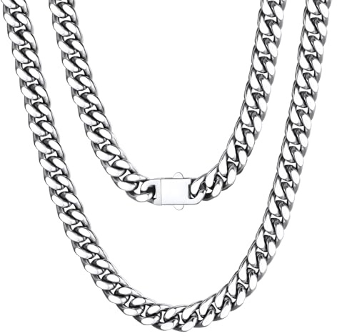 U7 Kette für Herren Damen Miami Panzerkette Edelstahl Halskette Schicke Kubanische Link Kette Schwer Gliederketten Hip Hop Halsschmuck Modeschmuck 5/7/9/12MM Breite Kettelänge 45-76CM wählbar