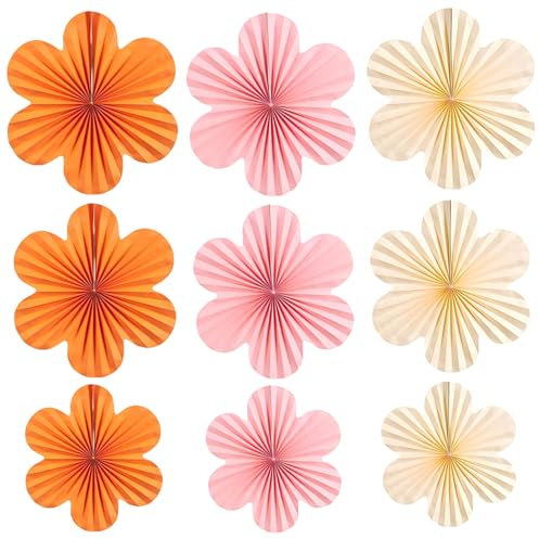 9 Pcs Paper Flowers Decorations Hanging Paper Fans Decorations Colorful Flower Party Decorations,Paper Flowers Fans for Baby Shower, Birthdays, Weddings (Yellow, Pink, Orange)