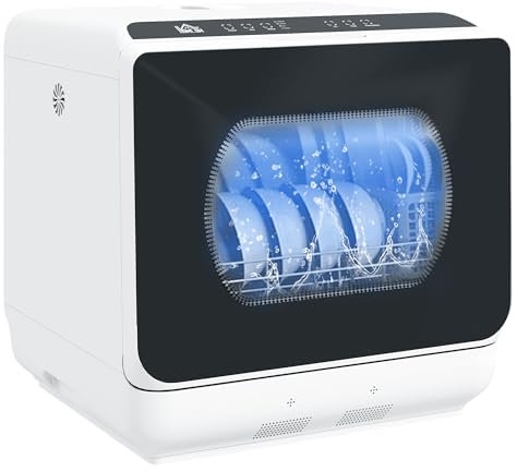 HOMCOM Mini lave-vaisselle 4 couverts, lave-vaisselle de table, 5 programmes, double alimentation en eau, lavage des fruits, réservoir d'eau 6L, commande tactile, affichage LED, départ différé, noir