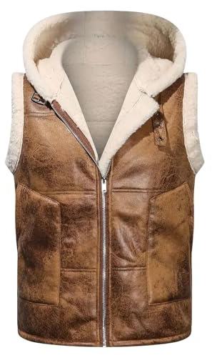 Augystre Men's Leather Fleece Vest Brown Aviator Men's Sleeveless Jacket Shearling Sheepskin Hoodie Short Faux Fur Winter Jacket