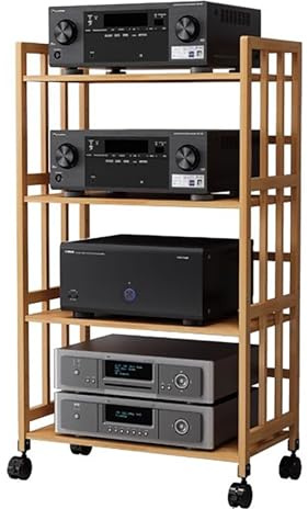 Support mobile en bambou pour chaine hifi - Meuble pour audio/vidéo avec étagère ajustable - Idéal pour amplificateurs, médias et composants stéréo - Sur roulettes - Étagère à disques - Design moderne
