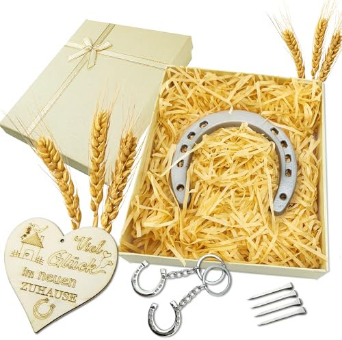 KAOTPO Hufeisen Deko-Geschenk Set, Einweihungsgeschenk Wohnung (mit Hufeisen, 4 Nägel, Herzschild „Viel Glück“), Einweihungsgeschenk Haus (mit Hufeisen-Schlüsselanhänger), Geschenkbox. (Silber)