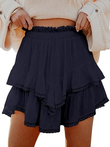 Oyamiki Damen Rock Kurz Hohe Taille A-Linie Pleated Skirt mit Shorts Sommer Stilvoll Fließender Rüschen Faltenrock Marineblau S