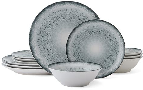 Mikasa Matteo 12 Piece Dinnerware Plate Bowl Set, Servie for 4, Gray