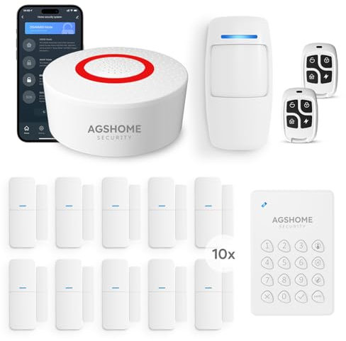 AGSHOME+ allarme casa senza fili Wifi, Antifurto casa, Sistemi di Allarme per Porte, Notifiche Smart tramite App, Kit da 15 Pezzi, Allarme WiFi, Sensore di Movimento per Porte e Finestre
