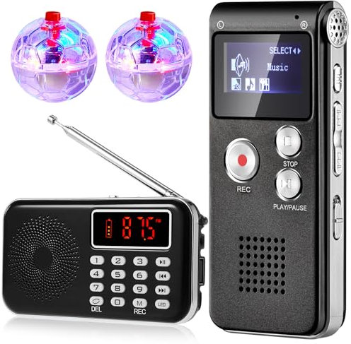 Dunzy 4-teiliges Geisterjagdausrüstungs-Set, inklusive FM-Radio mit 8-GB-Digitaldiktiergerät und 2 LED-Leuchten, Katzenbälle, Batterien zum Scannen und Aufnehmen