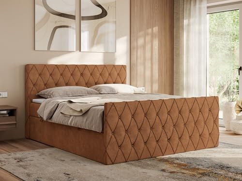 MKS MEBLE Boxspringbett 180x200 cm Miren Duo – Bett mit Bettkasten & Kopfteil, Ziernähte/Steppung – 2× 7-Zonen Taschenfederkern Matratze H4 mit Topper T25 – Orange Strukture