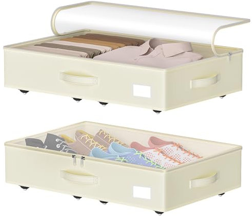 EE-RoomWorld Under Bed Storage with Wheels, No Assemble Required 5.5 inches height beige under bed storage bins,Low Profile Rolling Under bed Shoe Storage containers，dorm under bed storage drawers