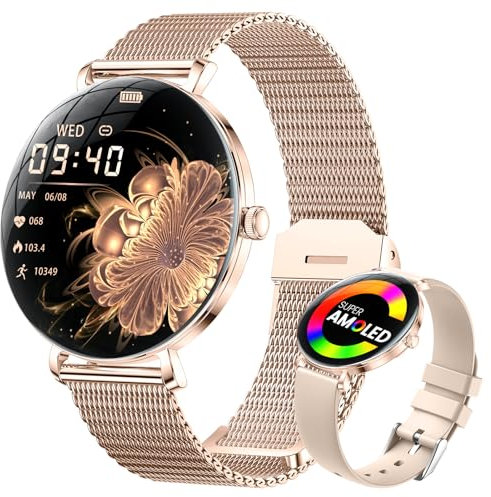 LIGE Smartwatch Damen mit Telefonfunktion, 1.43 AMOLED Fitnessuhr, IP68 Wasserdicht, 180+ Ziffernblätter Smart Watch, Menstruationszyklus, Armbanduhr für Android iOS, Schrittzähler, Pulsuhr, Rosegold
