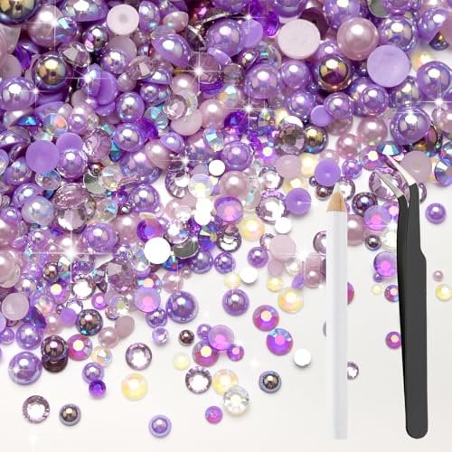 Bouiexye 80g Mix Flatback Pearls and Rhinestones for Crafts Dark Purple Mixed Size 2mm-10mm Half Round Pearls Rhinestones for Nail Art Tumblers Shoes DIY Bedazzling with Tweezers Wax Pen